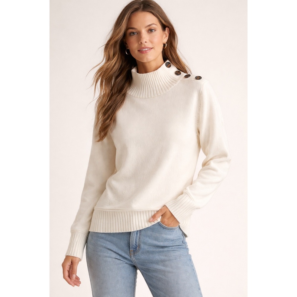 Anthropologie Ivory Mock Neck Sweater Button Shoulder‎ Ribbed Knit Cream Small